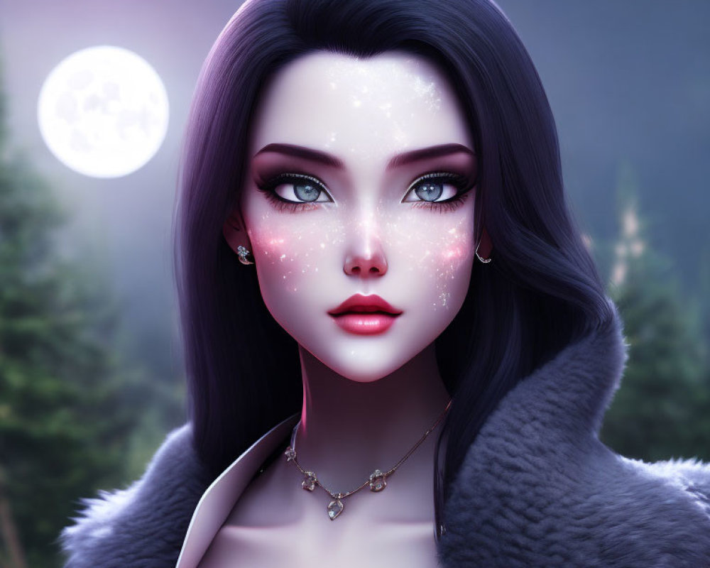 Digital portrait of woman with luminous skin and fur coat in moonlit forest