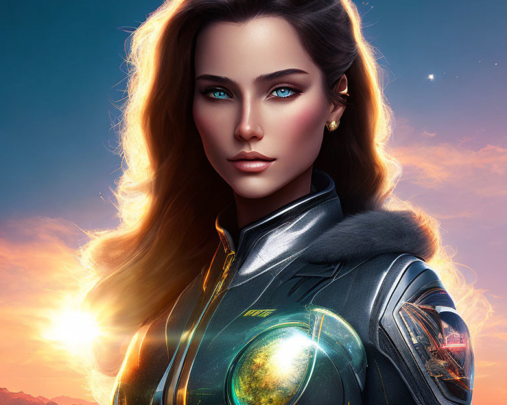 Digital artwork: Woman in futuristic armor with flowing hair, luminescent orb, sunset backdrop