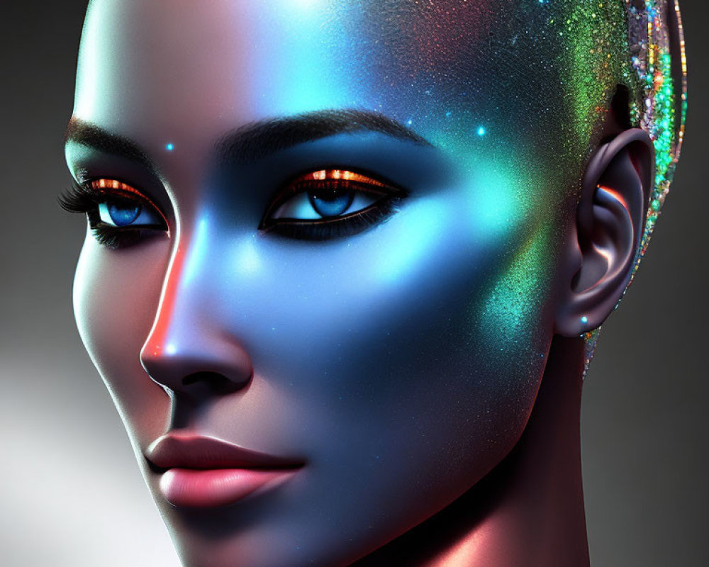 Detailed digital art portrait of female figure with glossy, multicolored skin texture