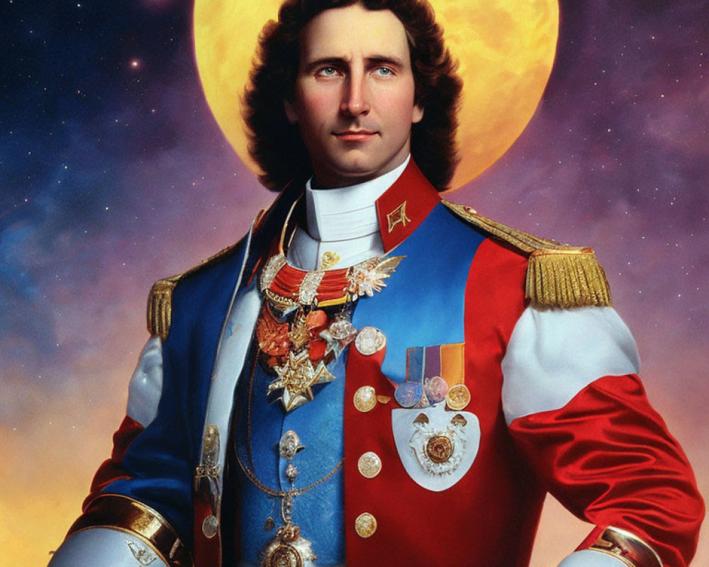 Modern man's face merged with historical military attire against cosmic backdrop