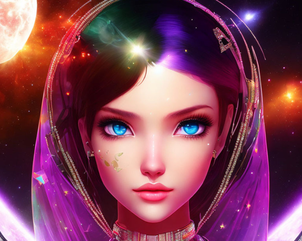 Digital Artwork: Futuristic Female with Blue Eyes, Purple Hair, Space Helmet, Stars, Moon