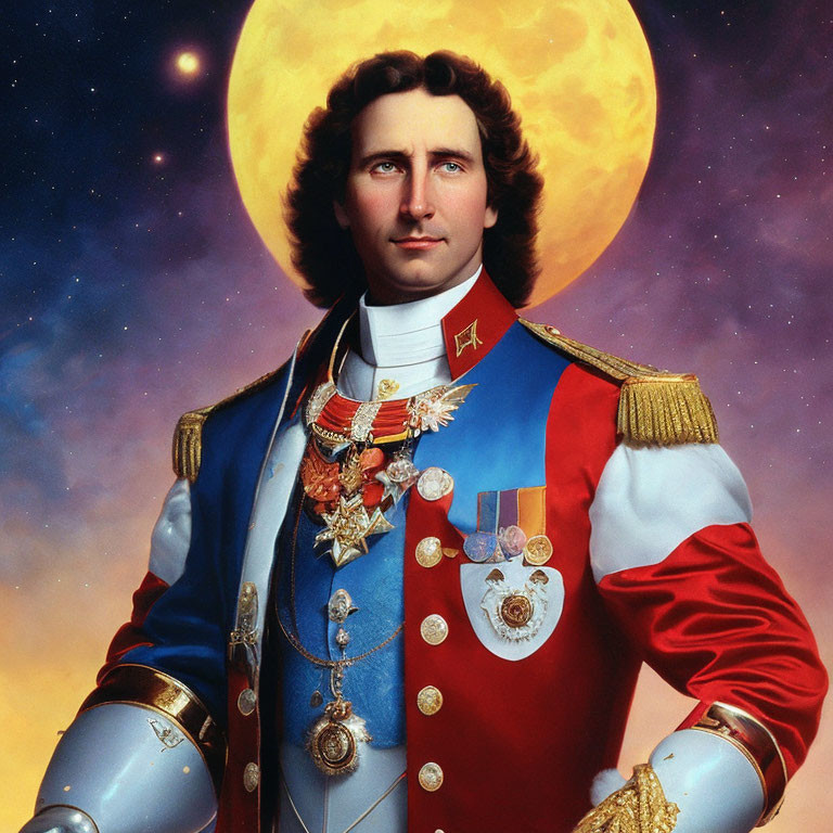 Modern man's face merged with historical military attire against cosmic backdrop