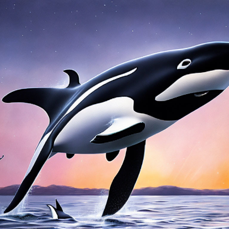 Illustration of leaping orca at sunset with pink and purple sky and second orca fin.