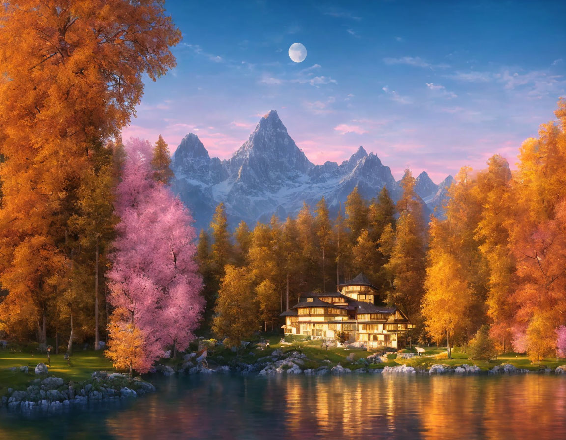 Tranquil lakeside scene with autumn trees, cozy house, mountains, and crescent moon