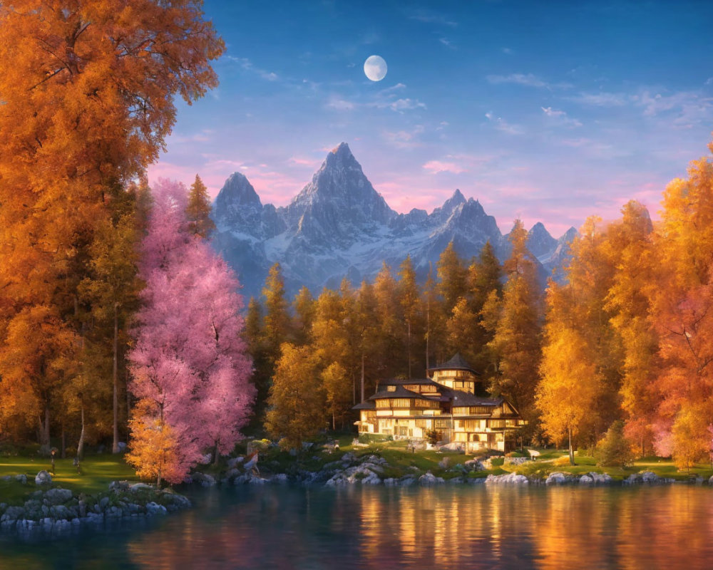 Tranquil lakeside scene with autumn trees, cozy house, mountains, and crescent moon