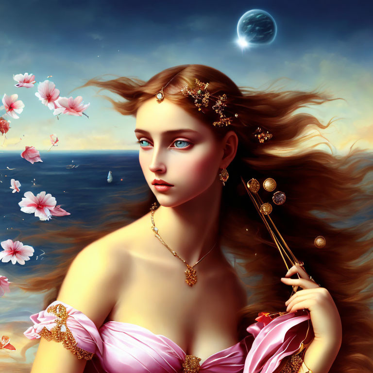 Fantasy art portrait of woman with flowing hair and gold jewelry, holding scepter, with pink flowers