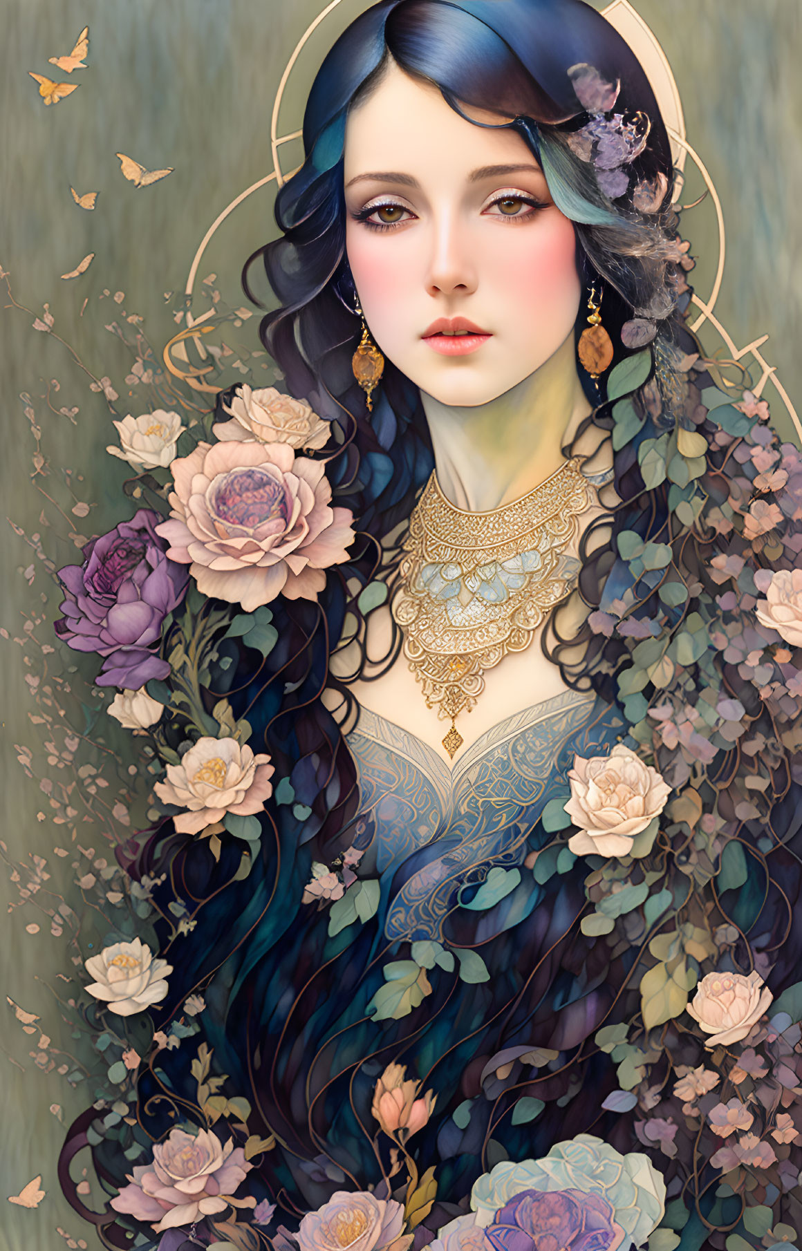 Ethereal woman with blue hair and butterflies in floral setting