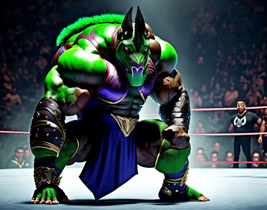 Muscular rhinoceros wrestler in green and purple gear with referee in background