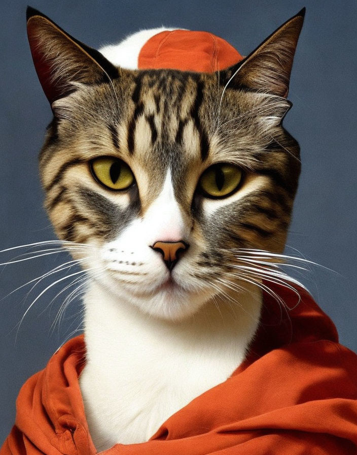 Tabby Cat in Orange Hoodie and Red Hat on Grey Background