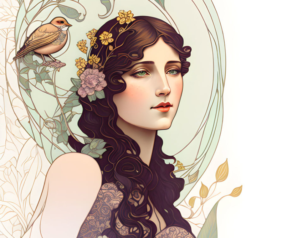 Art Nouveau Woman Illustration with Dark Hair and Floral Bird