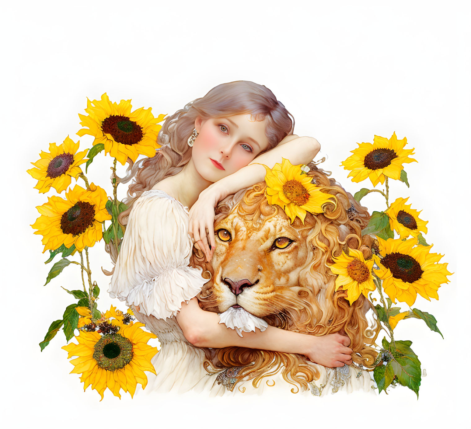 Woman resting cheek on lion's mane among sunflowers depicts peaceful coexistence