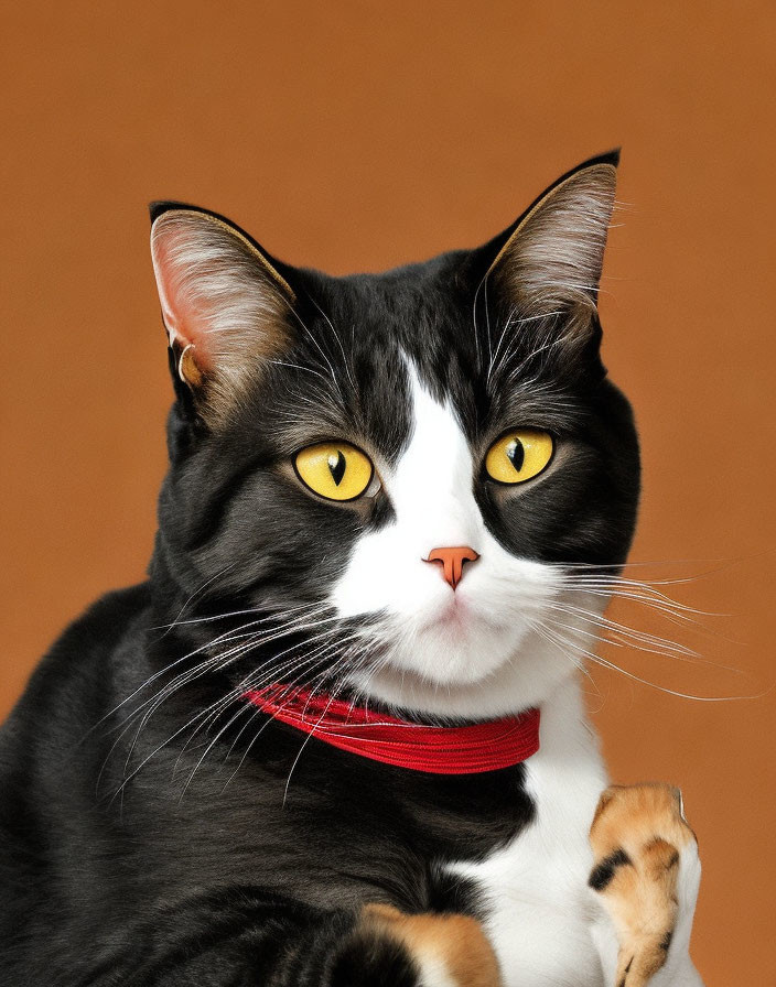 Black and White Cat with Yellow Eyes and Red Collar on Brown Background