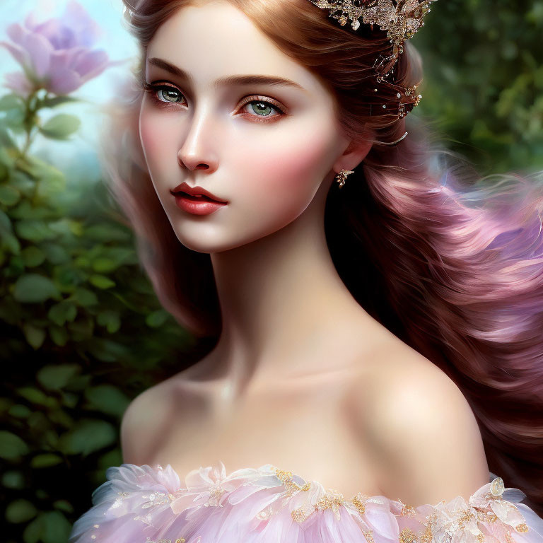 Illustration of woman with pink hair, green eyes, pink dress, tiara, surrounded by soft