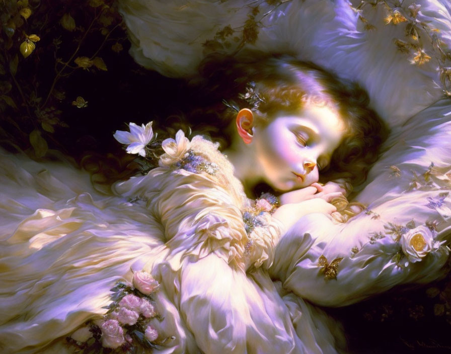 Peaceful depiction of a sleeping girl in a cozy cream-colored garment with pink flowers under warm light