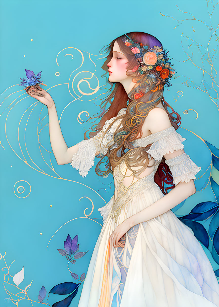 Illustrated woman with floral headpiece and butterfly on hand against pastel blue background