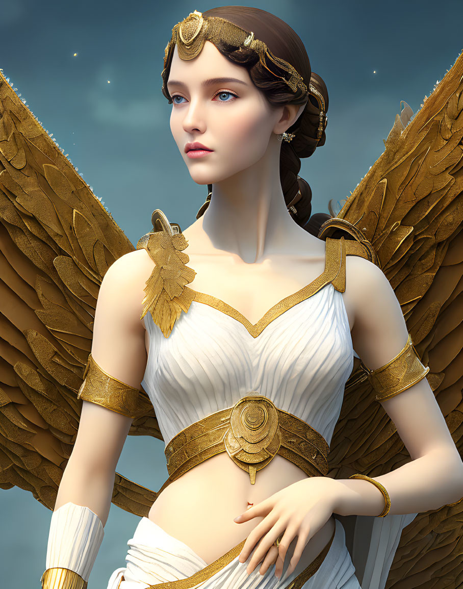 Digital artwork: Woman with angelic wings in white and gold dress against serene sky.