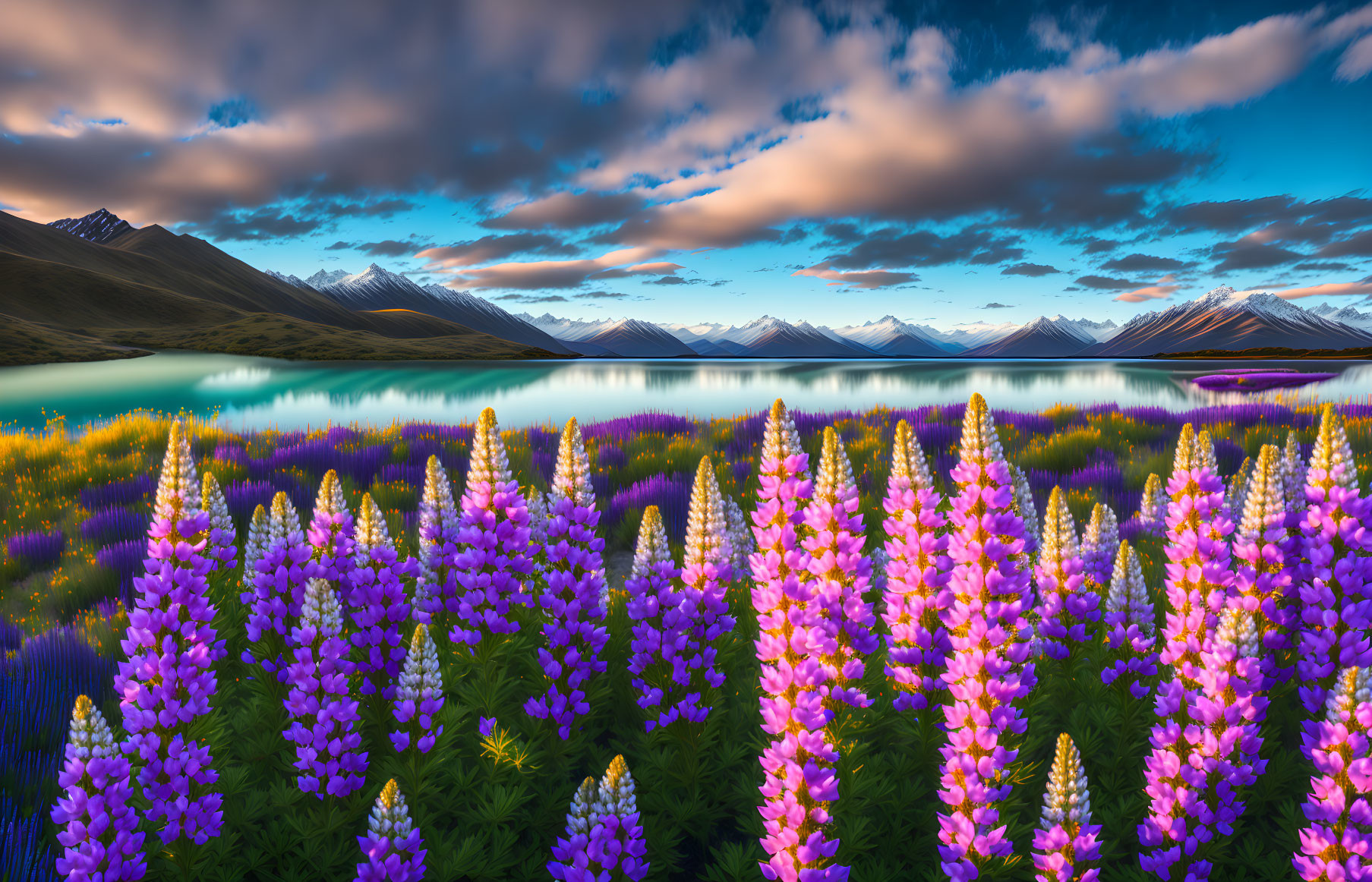 Scenic landscape with purple lupines, lake, and mountains at sunset