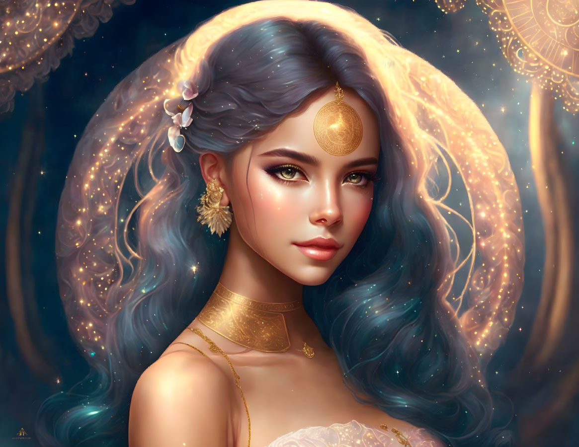 Illustration of woman with blue wavy hair and golden jewelry in serene pose