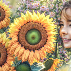 Smiling woman with flowers in hair surrounded by sunflowers on sunny day