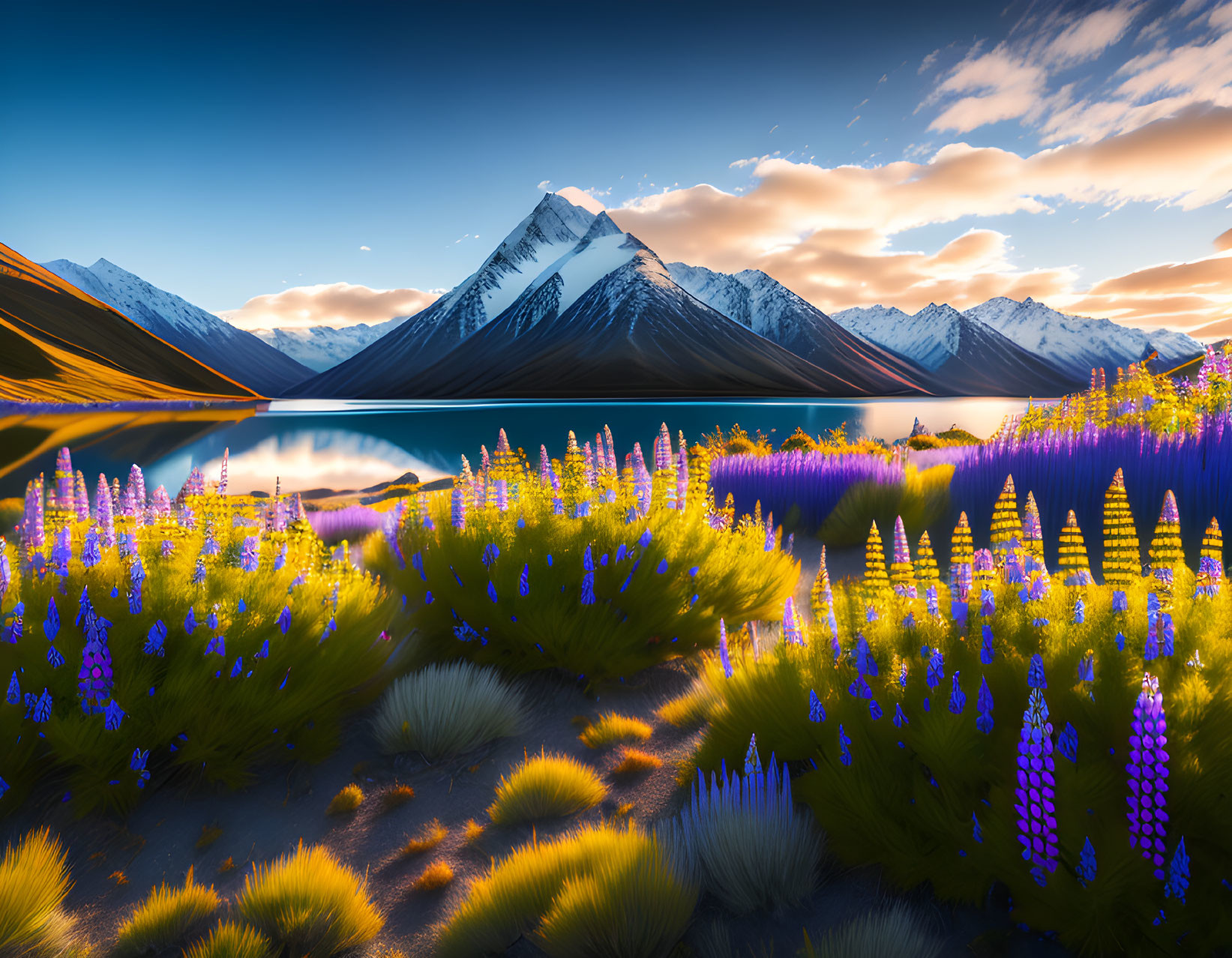 Scenic sunset with snow-capped mountain, lake, and purple flowers