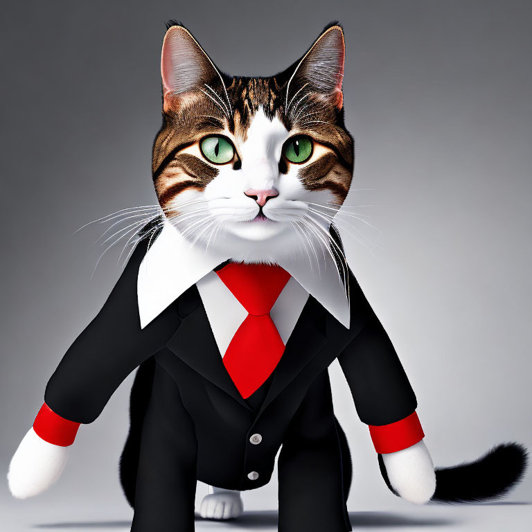 Anthropomorphic cat in black suit, white shirt, and red tie