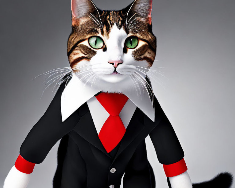 Anthropomorphic cat in black suit, white shirt, and red tie