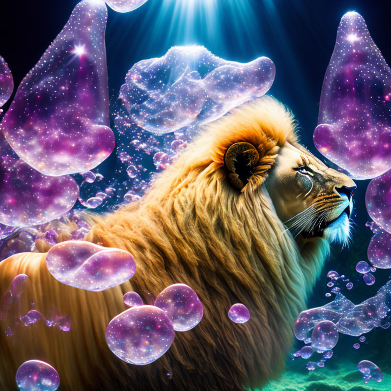 Majestic lion with jellyfish and cosmic elements on celestial backdrop