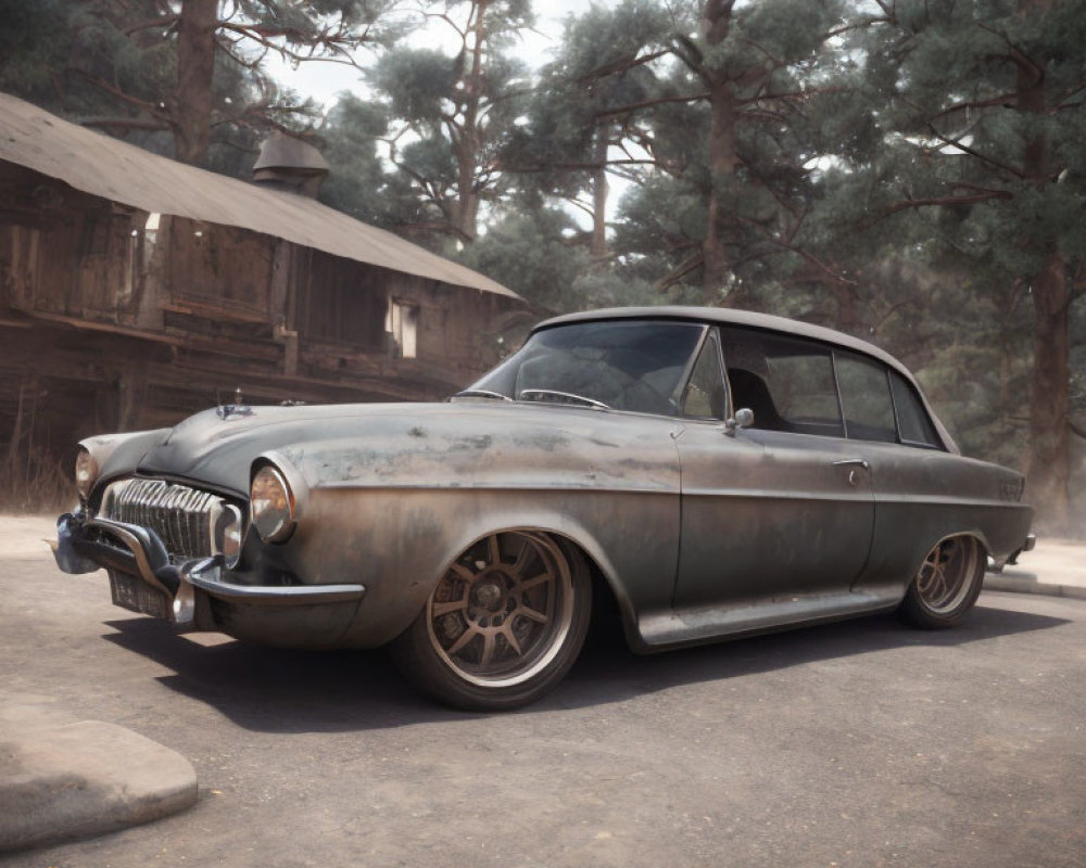 Vintage car with weathered patina in rustic setting