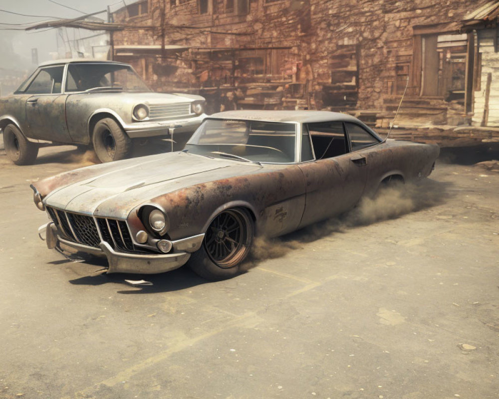 Vintage cars in neglected street with wooden shacks and hazy atmosphere