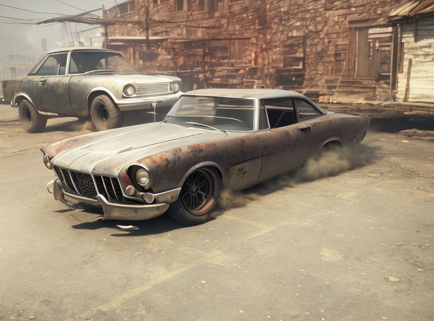 Vintage cars in neglected street with wooden shacks and hazy atmosphere