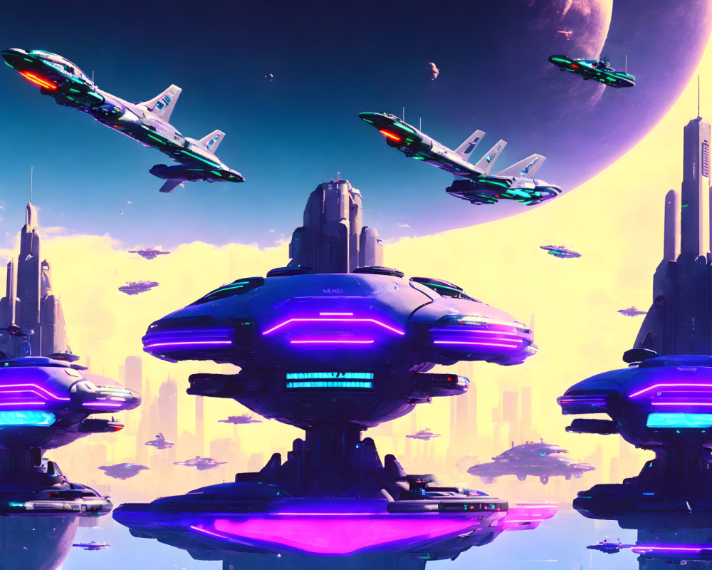 Futuristic cityscape with flying vehicles and giant planet in purple sky