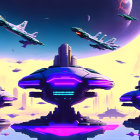 Futuristic cityscape with flying vehicles and giant planet in purple sky