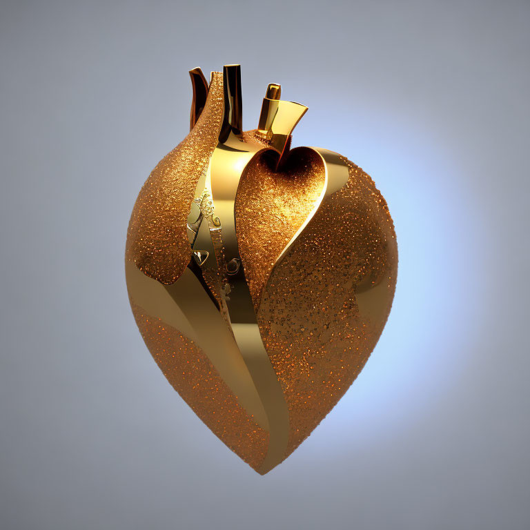 Shiny golden apple split to show textured interior on gradient background