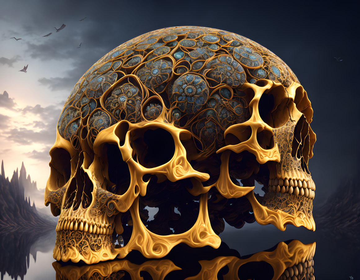 Detailed digital artwork: Golden human skulls with filigree, reflected under moody sky