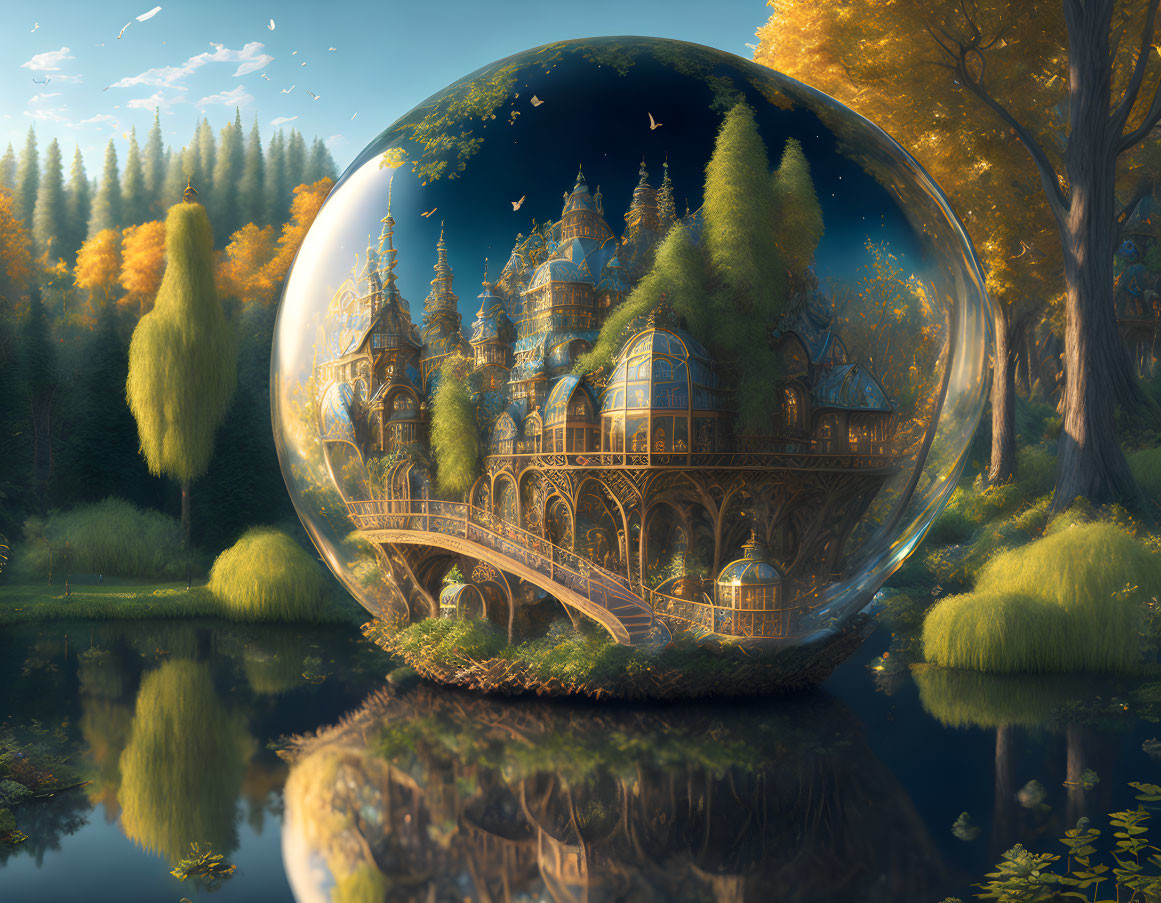 Ornate castle in transparent sphere amid autumn trees by serene pond