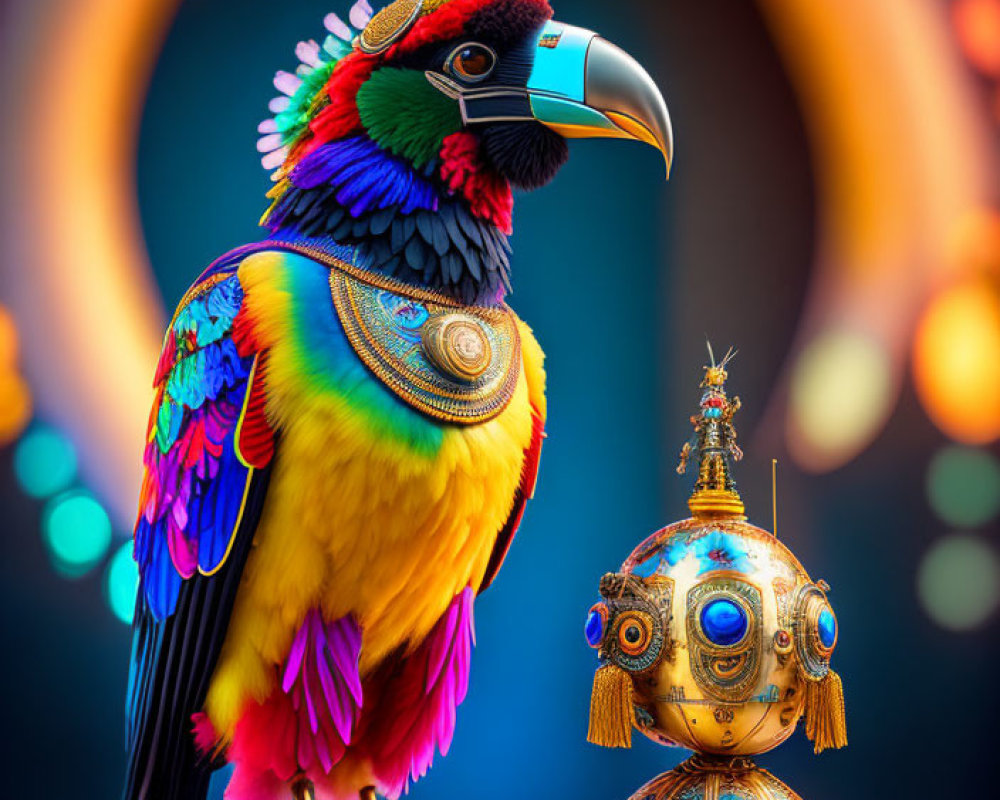 Colorful stylized parrot and golden robot on pedestal against glowing ring backdrop