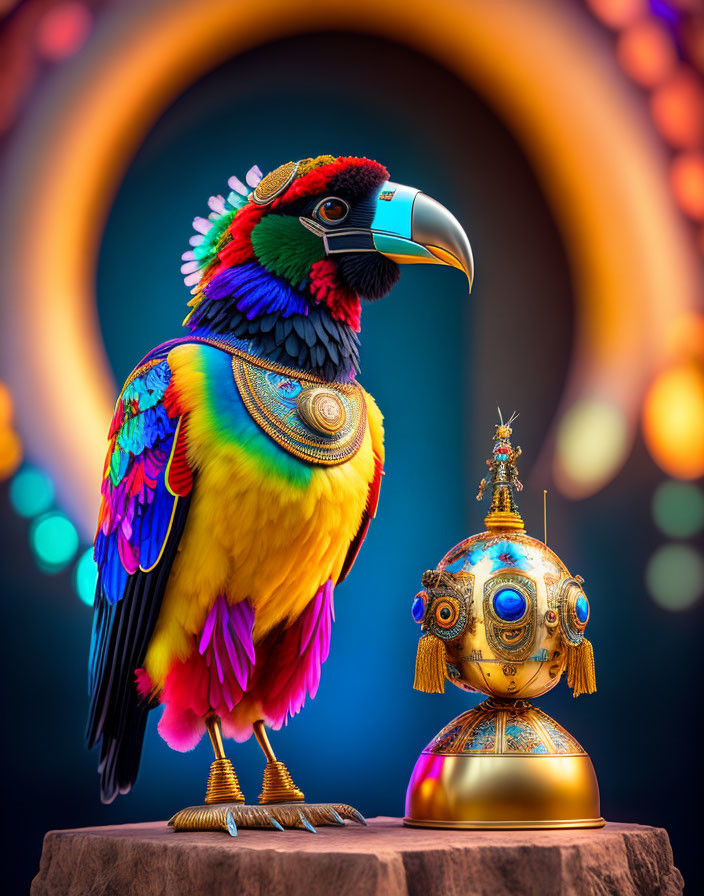 Colorful stylized parrot and golden robot on pedestal against glowing ring backdrop