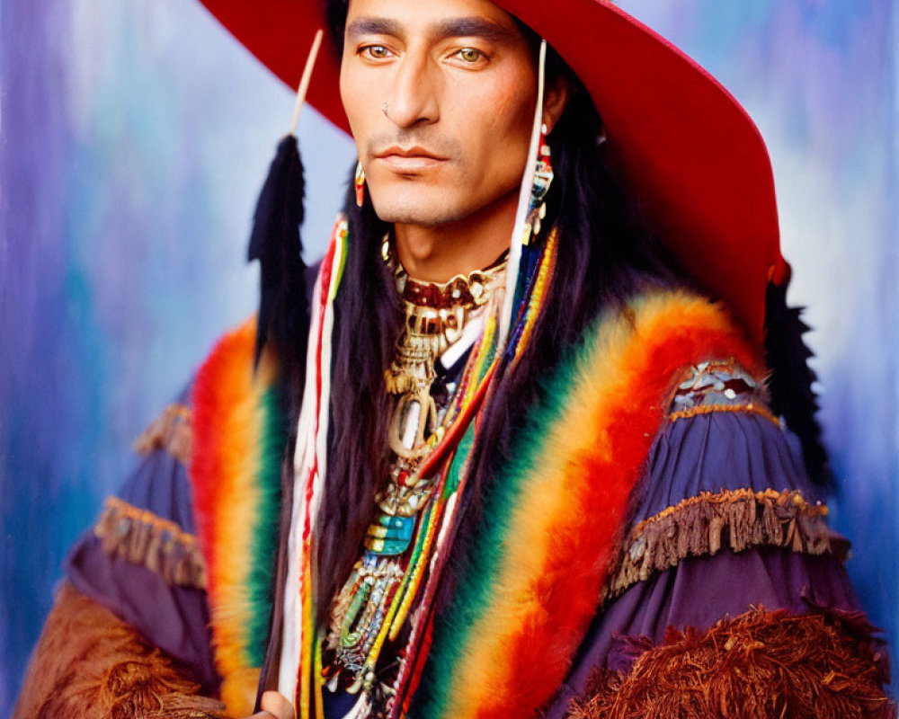 Vibrant Native American regalia with red hat and beaded necklaces on blue backdrop