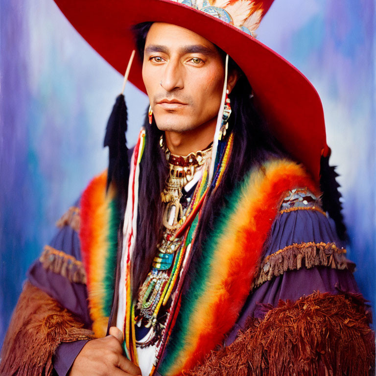 Vibrant Native American regalia with red hat and beaded necklaces on blue backdrop