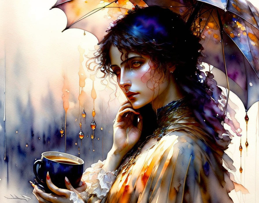 Dark-haired woman with umbrella and cup in raindrops and warm colors