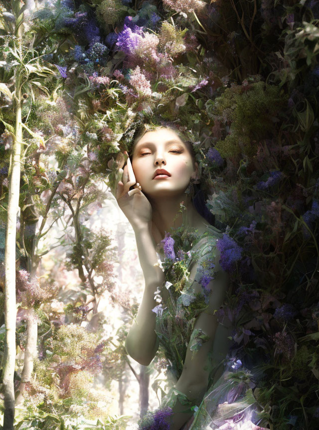 Woman in serene pose surrounded by flowers and foliage