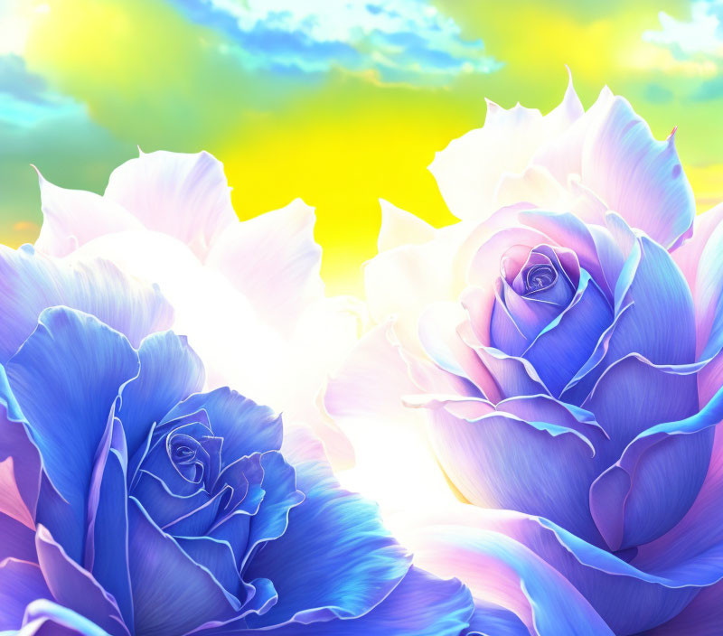 Colorful digital artwork: Two purple and blue roses in pastel sunrise sky