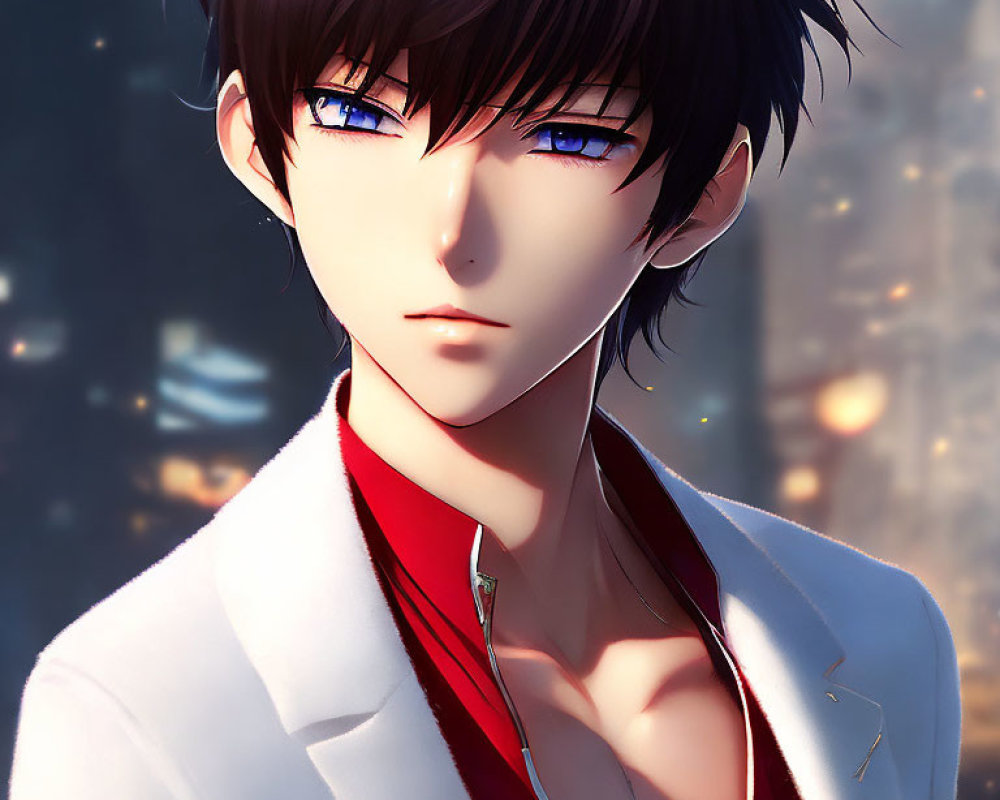 Animated male character with intense blue eyes and dark hair in a white jacket.