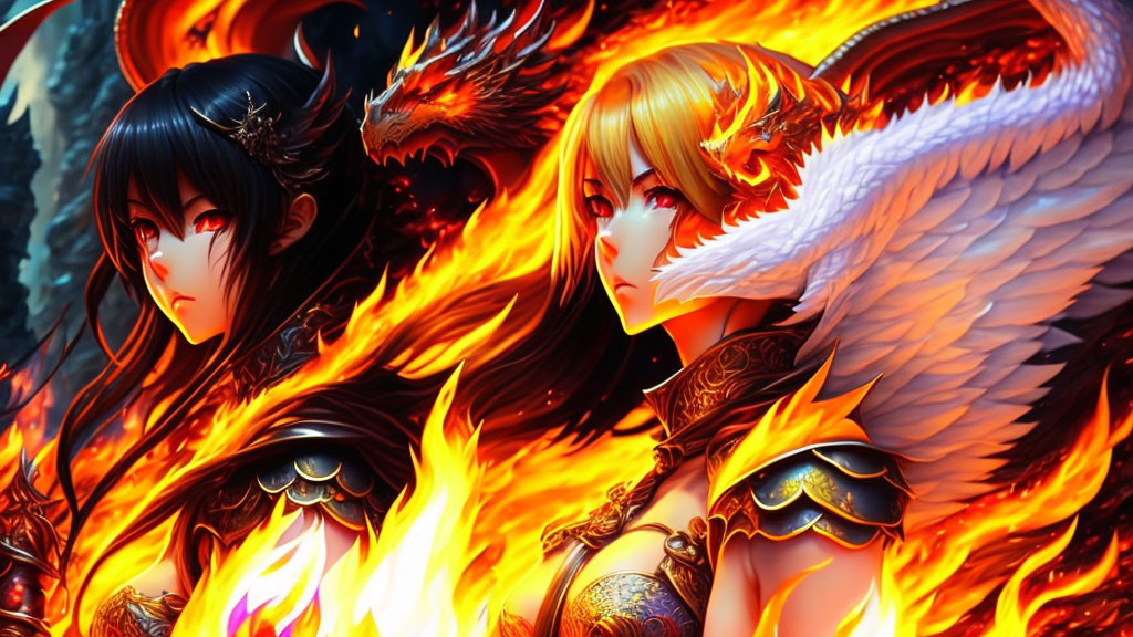 Anime-style characters with fiery and feathered wings in ornate armor against a blaze backdrop