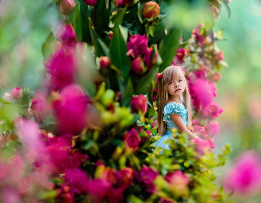 Young girl in blue dress surrounded by pink flowers