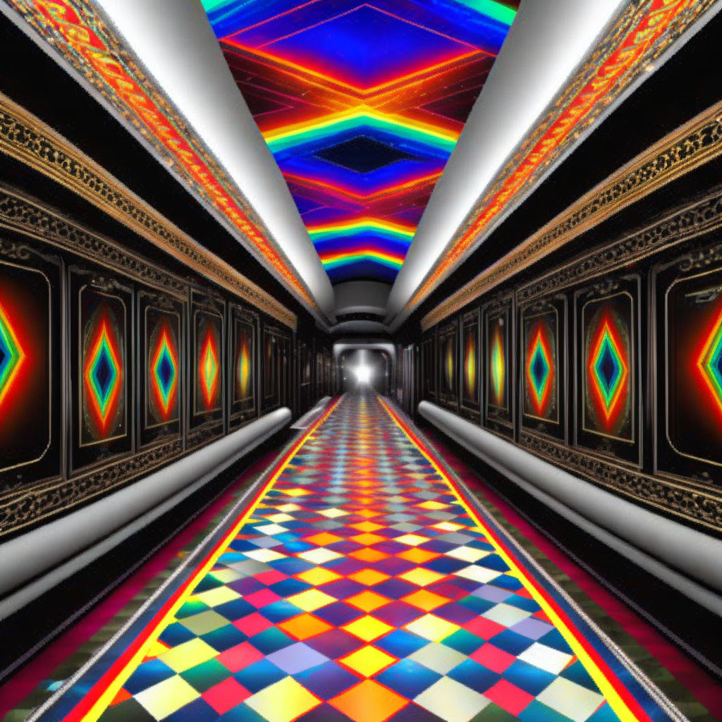 Colorful psychedelic corridor with checkered floor and neon-lit walls.