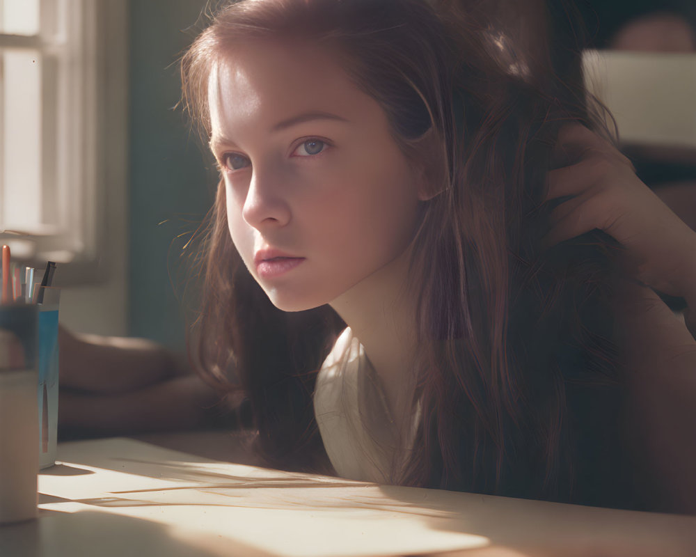 Young woman sitting at desk in warm sunlight, touching hair