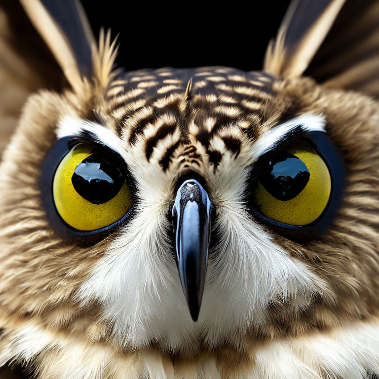 Detailed close-up of owl's face with large yellow eyes and sharp beak