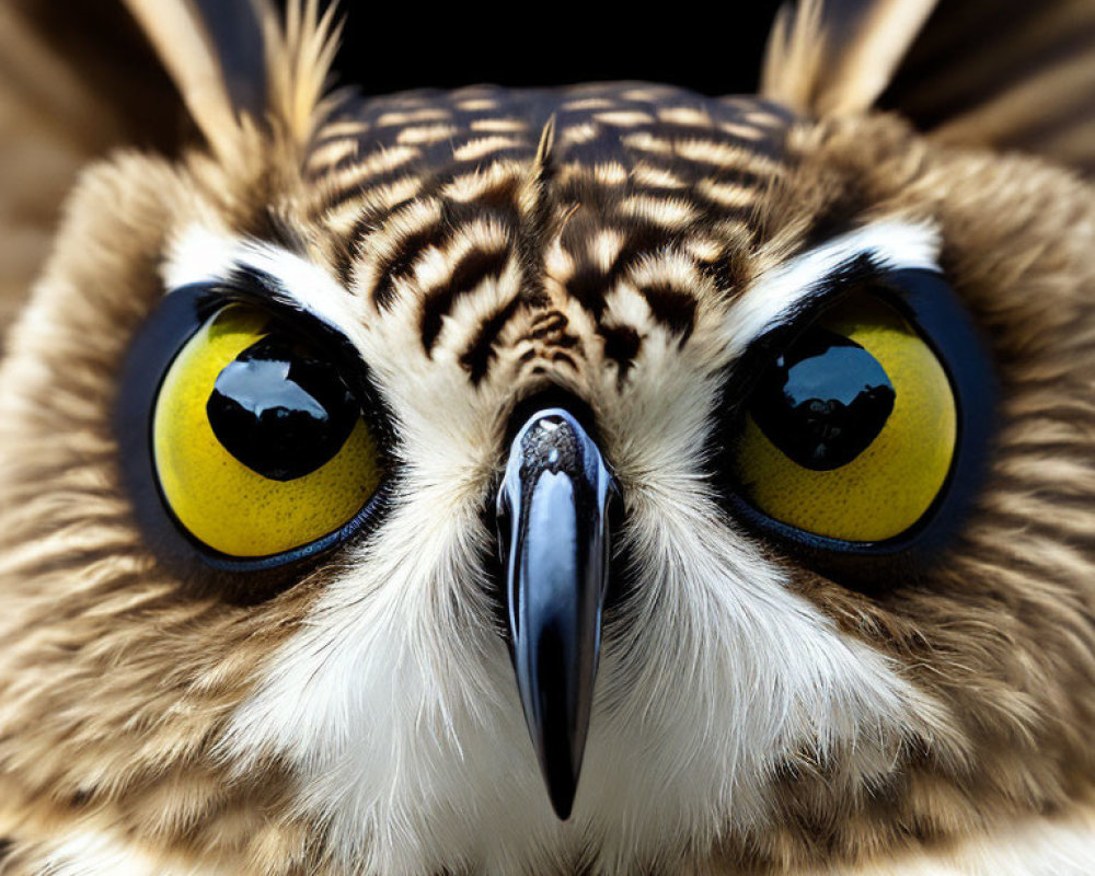 Detailed close-up of owl's face with large yellow eyes and sharp beak