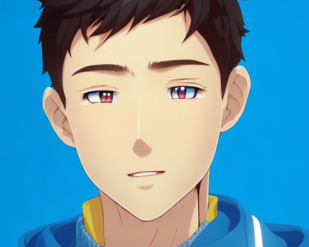 Brown-haired male anime character with heterochromia eyes in blue jacket and golden pin